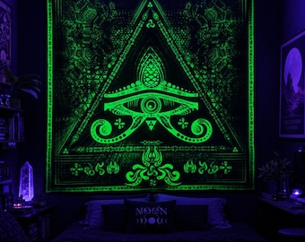 Tapiz reactivo a los rayos UV de Singular Sight, telón de fondo para festivales Visionary de neón lima, tapiz de pared con ojo psicodélico.