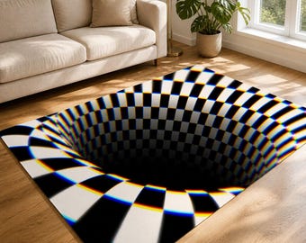Rabbit Hole Area Rug, Black & White Optical Illusion Vortex Rug, Warped Checkerboard Tunnel Rug, Trippy Entryway Rug