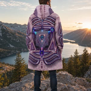 May include: A long-sleeved hooded jacket featuring a complex, symmetrical fractal pattern in shades of purple, blue, and light pink. The design includes geometric shapes, intricate line work, and a central triangular motif on the back.