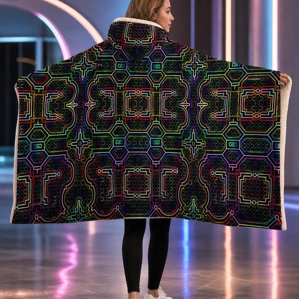 Icaro Hooded Blanket, Neon Circuit Geometric Sherpa Throw, Futuristic Boho Gift, Luminous Techno Sacred Blanket