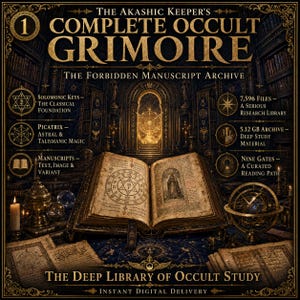 Könnte beinhalten: Eine digitale Grafik mit dem Titel The Akashic Keeper's Complete Occult Grimoire, The Forbidden Manuscript Archive. Sie zeigt ein aufgeschlagenes altes Buch mit okkulten Symbolen, umgeben von Kerzen, einem Globus und Text über 7.596 Dateien und 5,12 GB.