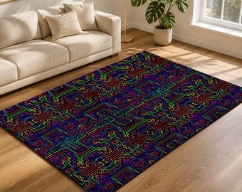 Prismatic Overlay Area Rug, Neon Rainbow Labyrinth Rug, Black Optical Geometric Rug, Trippy Grid Living Room Rug