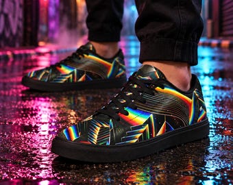 Synthwave Low-Top Sneakers, Neon Rainbow Geometric Streetwear Shoes, Black Festival Footwear, Unisex Rave Shoes