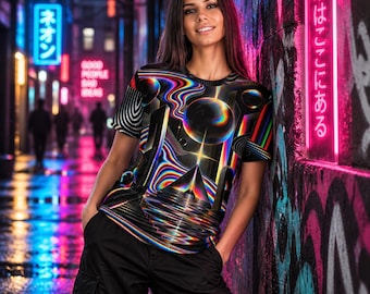 Synesthesia T-Shirt, Neon Rainbow Psychedelic Cosmic All-Over Print Tee, Black Festival Streetwear