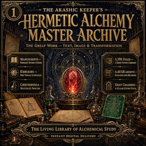 Op de afbeelding: Een digitale collectie getiteld The Akashic Keeper's Hermetic Alchemy Master Archive. Het bevat een centraal gloeiende rode edelsteen, open boeken, glazen flesjes en tekst met details over 1.701 bestanden, 4,45 GB archief en acht kamers.