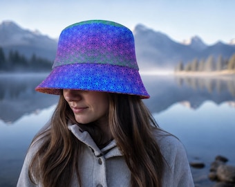 Aqua Line Spirit Sacral Bloom Reversible Bucket Hat, Double-Sided Sacred Geometry Sun Hat, Unisex