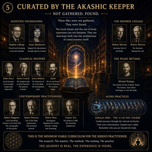 May include: A dark, stylized graphic with text and portraits of individuals associated with out-of-body experiences and lucid dreaming. The image includes text such as "Curated by the Akashic Keeper" and "The Journey is Real. The Experience is Yours."