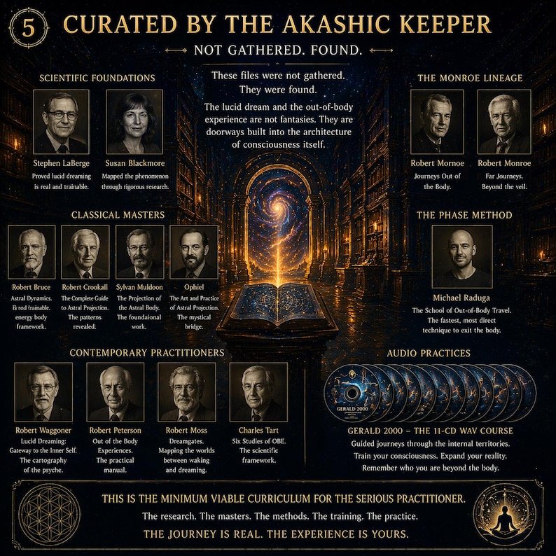 May include: A dark, stylized graphic with text and portraits of individuals associated with out-of-body experiences and lucid dreaming. The image includes text such as "Curated by the Akashic Keeper" and "The Journey is Real. The Experience is Yours."