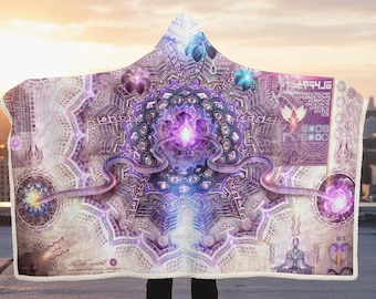 Sahasrara Crown Chakra Hooded Blanket, Violet White Lotus Mandala Sherpa Throw, Meditation Gift, Sacred Geometry Blanket