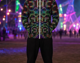 Icaro Unisex Athletic Hoodie, Psychedelic Zip Up Festival Hoodie, Neon Visionary Art Rave Streetwear Jacket