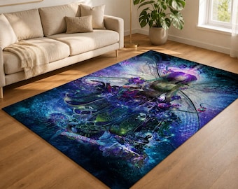 Meta Morph Area Rug, Fantasy Winged Fairy Psychedelic Rug, Deep Blue & Teal Mythical Meditation Rug, Bioluminescent Forest Rug