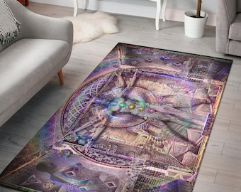 Vitruvian Spirit Area Rug, Visionary Sacred Geometry Carpet, Renaissance Meditation Room Rug