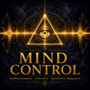 Peut inclure: Un design graphique sombre présentant un œil doré brillant dans un triangle, entouré de motifs d'ondes sonores dorées. Le texte indique MIND CONTROL en grandes lettres, avec les mots DEPROGRAMMING, HYPNOSIS et BRAINWAVE FREQUENCY en dessous.