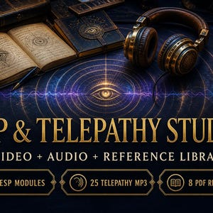 Puede incluir: Una colección digital titulada ESP & TELEPATHY STUDIES: VIDEO + AUDIO + REFERENCE LIBRARY. Incluye 3 módulos ESP, 25 MP3 de telepatía y 8 referencias en PDF. El fondo muestra un libro abierto, auriculares y un globo terráqueo sobre una superficie oscura.