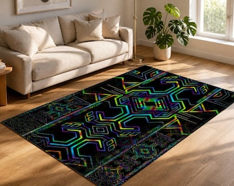 Tryptek Area Rug, Psychedelic Neon Rainbow Geometric Rug, Black Techno Tribal Maze Rug, Trippy Meditation Room Rug