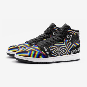 May include: Black high-top trainers with a colourful, psychedelic pattern. The pattern features a rainbow of colours, including red, orange, yellow, green, blue, indigo, and violet. The trainers have a white sole and black laces.