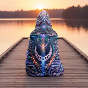 Vishuddha Throat Chakra Hooded Blanket, Blue Mandala Sherpa Throw, Meditation Gift, Sacred Geometry Vocal Blanket