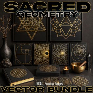 Peut inclure: Une collection d'images vectorielles de géométrie sacrée en noir et or présentant divers motifs complexes, dont la fleur de vie et des spirales, sous forme d'impressions encadrées, d'un livre relié et de cartes avec le texte Sacred Geometry Vector Bundle.