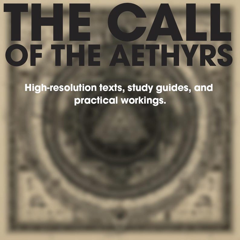 May include: A sepia-toned graphic with the text "THE CALL OF THE AETHYRS" in bold, dark letters. Below, it reads "High-resolution texts, study guides, and practical workings." A blurred circular design is in the background.