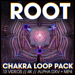 Op de afbeelding: Een kleurrijk, abstract beeld met een geometrisch patroon en de tekst "ROOT CHAKRA LOOP PACK 13 VIDEOS // 4K // ALPHA DXV + MP4".