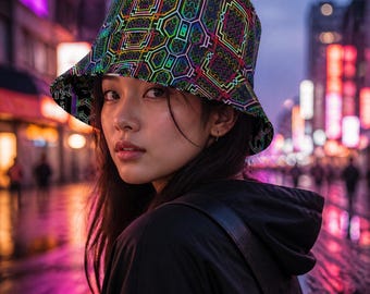 Prismatic Grid Icaro Reversible Bucket Hat, Double-Sided Neon Geometric Sun Hat, Unisex