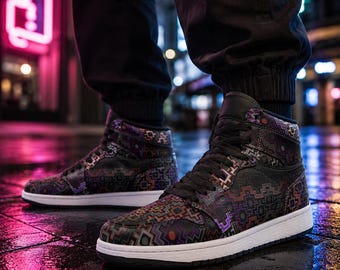 Shadow Work Unisex High Top Sneakers, Psychedelic Geometric Shoes, Black Purple Streetwear, Alternative Festival Fashion, Rave Shoes