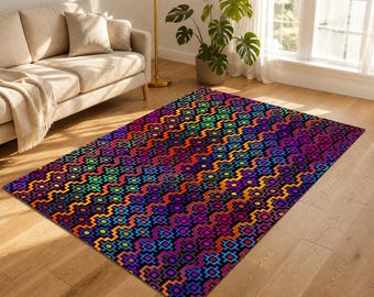 Rainbow Healing Area Rug, Colorful Southwestern Geometric Rug, Rainbow Cross Diamond Psychedelic Rug, Boho Living Room Rug