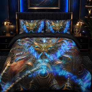 May include: A bedding set featuring a duvet cover and two pillowcases with a surreal, intricate design of a golden, mechanical-looking creature with large blue eyes, surrounded by glowing blue energy lines and complex, dark, cosmic-themed patterns.
