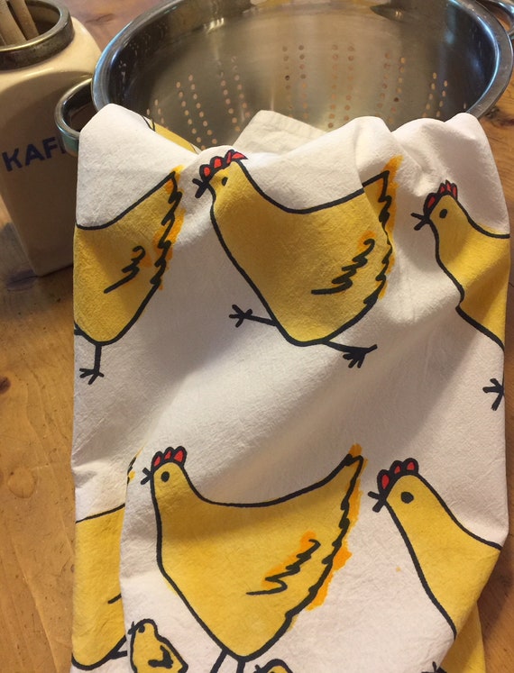 Screen Printed Hand Towel Ready to Ship Gray Cotton Housewarming Gift Chicken Hand Printed Tea Towel Farm Animal