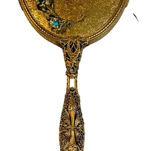 Antique victorian gilt brass hand mirror jeweled floral repoussé vanity 13.5”