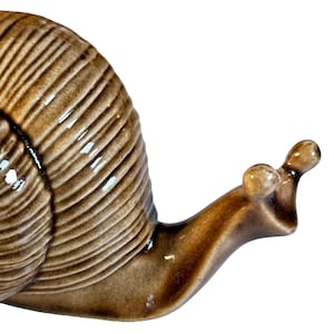 Könnte beinhalten: Eine Keramik-Schneckenfigur in Brauntönen. Das Schneckenhaus ist hellbraun mit detaillierten, strukturierten Rippen. Der Körper und der Kopf sind dunkelbraun, mit zwei kleinen Fühlern. Die Figur ist ein dekorativer Artikel.