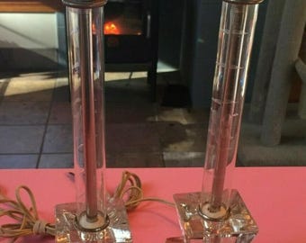 2 vintage ~40's art deco decco style side tamp lamps leaded etched crystal glass