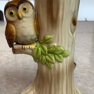Vintage 1981 (1980s) otagiri tree vase/pencil holder w/owl made in japan 8.25&quot;t