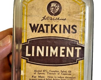 Vintage j.r. watkins liniment Flasche Versuchsmarke geprägtes Etikett Winona, Minnesota