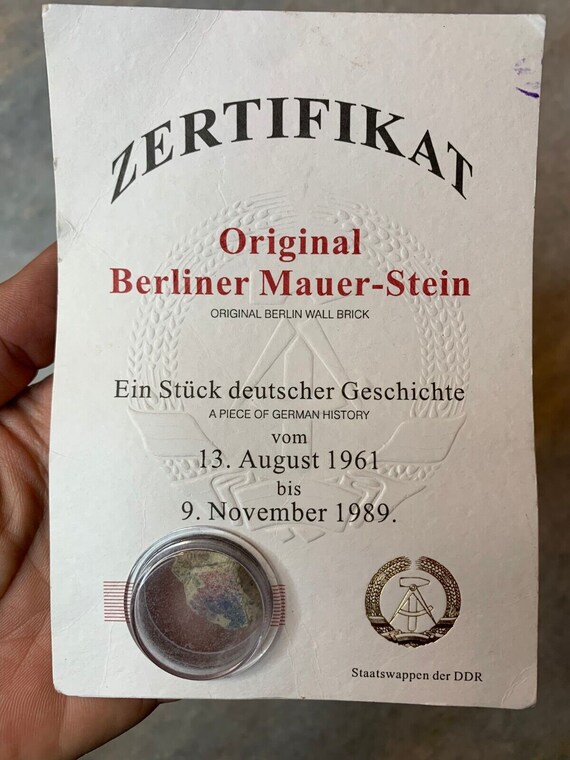Zertifikat Original Berlin Wall Concrete Brick Piece