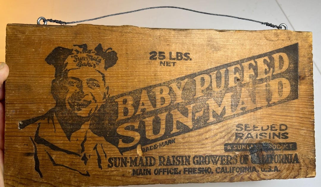 Pro Raisin Sign Antique Sun-maid Baby Puffed Raisins Wooden Box Crate Sign Plaque ...