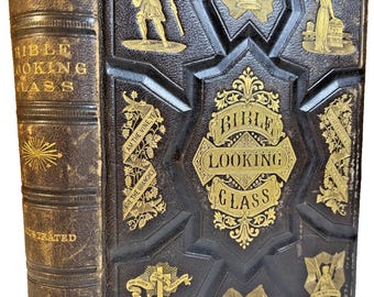 Antique 1874 bible looking glass illustrated religious emblems leather gilt aeg