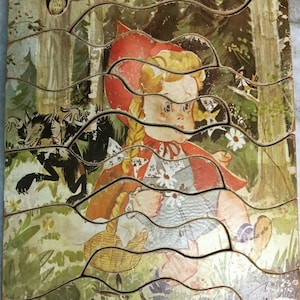 Rare: antique, circa 1920s-1930s little red riding hood wooden jig saw puzzle