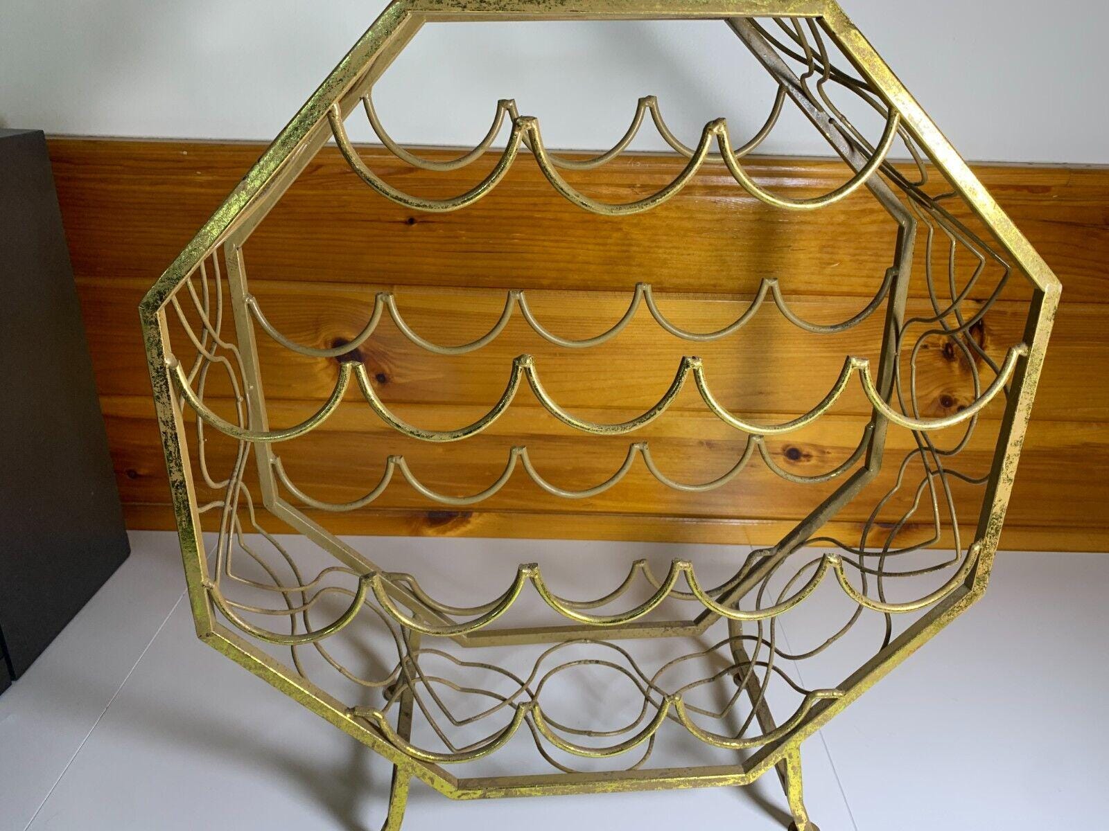 Small Vintage Mid Century Modern Mcm Gold Golden Metal Steel Wine Rack ...