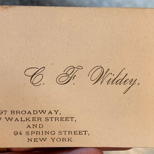 Cartão de visita vitoriano antigo raro Nova York "wildey" "sem e-mail" "sem telefone"!