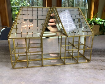 Vintage laiton doré or verre miroir miroir étagère à bibelots vitrine armoire de maison