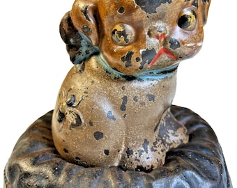 Antique Cast iron puppo puppy dogcoin penny piggy bank 1914 hubley lancaster pa grace drayton bee pillow cushion
