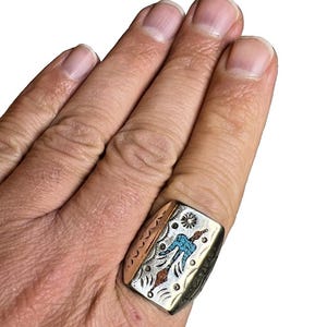 Vintage navajo thunderbird ring sterling silver size 10 turquoise & coral inlay