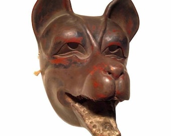Antique, danced, w/patina japanese kitsune (fox) mask w/articulating jaw -signed
