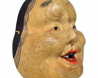 Japanese okame (otafuku) masterfully carved fine art  - oversized wooden mask