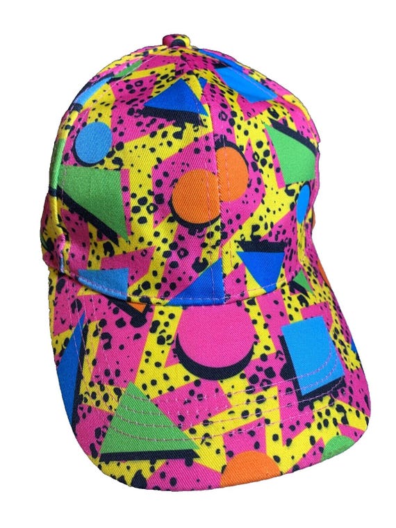 Vintage 1980s 80s Bright Neon Baseball Hat Cap Triangles Circles