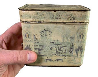 Antique victorian small rectangular metal tin storage box canister storage