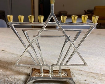 New nine 9 branch gold brass silver metal ornate menorah candle stand triangle