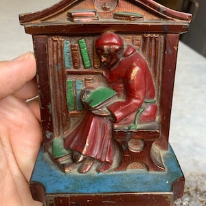 Antique pompeian bronze ny co. painted monks w/books/library bookend book end