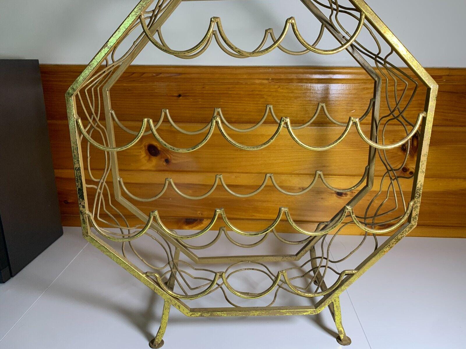 Small Vintage Mid Century Modern Mcm Gold Golden Metal Steel Wine Rack ...